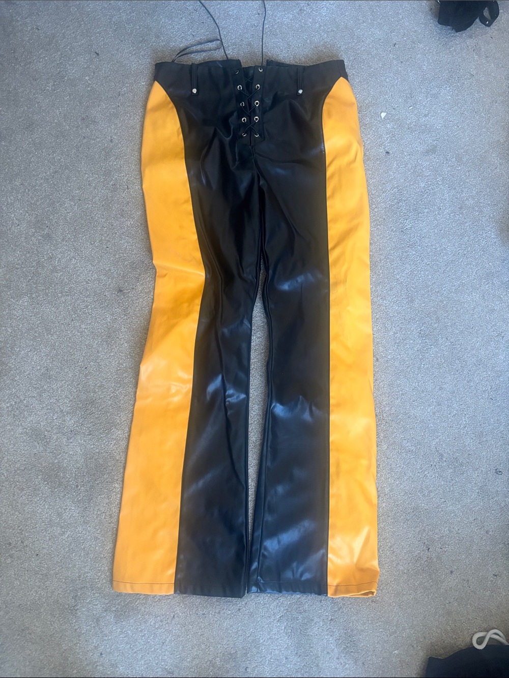Akira Black and Yellow Lace-Up Faux Leather Colorblock Pants